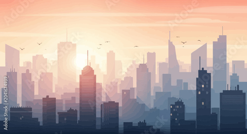 Bild auf Leinwand Pixel Art Cityscape at Sunrise: Modern Skyline Silhouette with Warm Hues