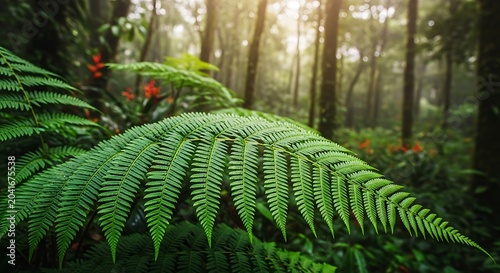 Lush Green Fern Frond Growing in Sunlit Tropical Forest
