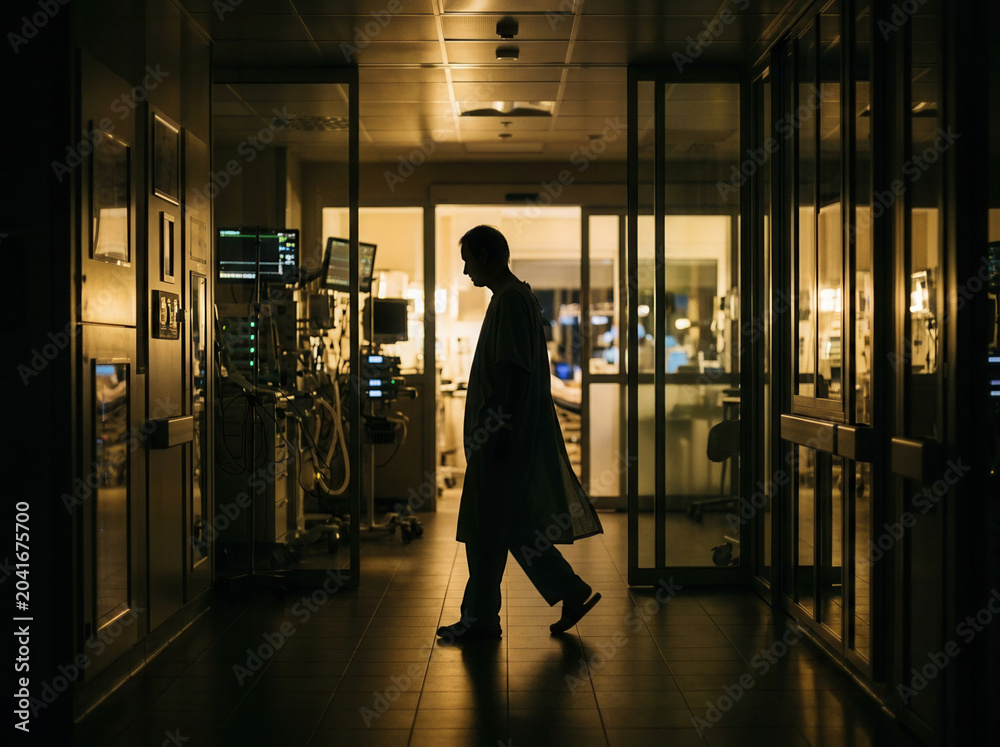 Fototapeta premium Silhouette Of A Medical Professional Walking Along Hospital Corridor