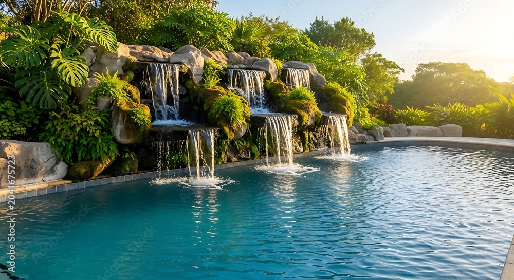 Obraz premium Tropical Rock Waterfall Flowing Into Blue Swimming Pool at Sunset
