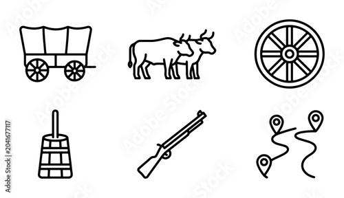 Fotografía Pioneer Life Icons: Covered Wagon, Oxen, Butter Churn, Rifle, Wheel, Map Pins