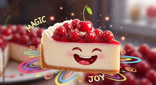 Cheerful Cherry Cheesecake Slice Smiling on Colorful Dessert Table