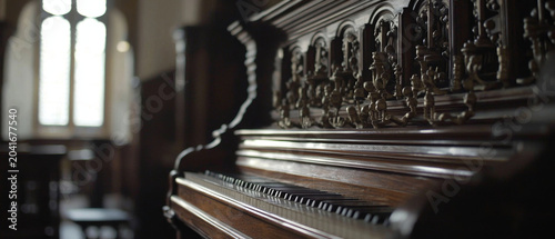 Richly carved dark wood piano keys and ornate details, with a bright, blurred window in the background