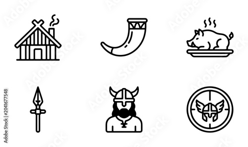Quadro su tela Viking Icons Set: Norse Warrior, Mead Horn, Roasted Pig, Spear, Longhouse, Rune