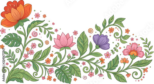 Elegant Floral Vine Border Vector Design with Colorful Blooming Flowers, Swirls, and Green Leaves Isolated on White Background for Decorative Greeting Cards