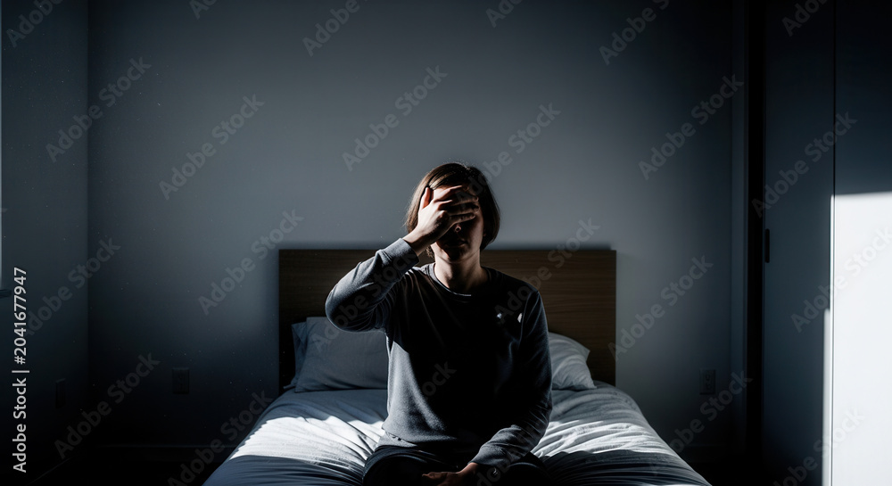 Fototapeta premium Silhouette Of A Person On A Bed Expressing Emotional Distress At Home