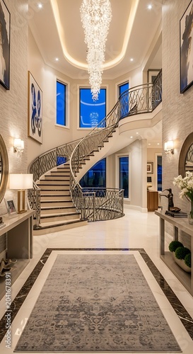 Elegant Luxury Foyer Featuring Curved Staircase and Crystal Chandelier in Modern Home
