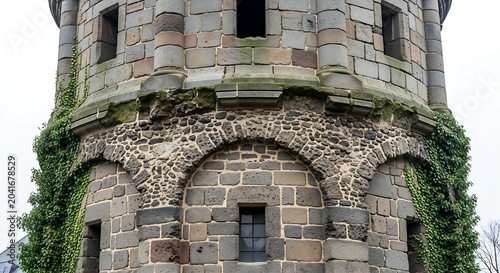 Ancient Stone Tower Facade Covered with Ivy in Historic Architecture Setting