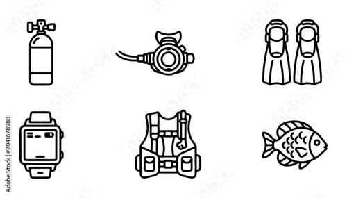 Scuba Diving Gear Icons Set, Underwater Equipment Vector Graphics, Ocean Exploration Symbols