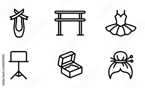 Ballet Icons Set: Pointe Shoes, Tutu, Hair Bun, Music Stand, Jewelry Box, Stage Prop