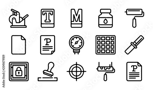 Bilde på lerret Printing Press Icons, Graphic Design Tools, Ink, Paper, and Stamps Vector Set