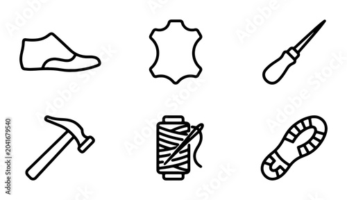 Tableau sur toile Cobbler Tools and Materials Vector Icons: Shoe Last, Leather, Awl, Hammer, Threa