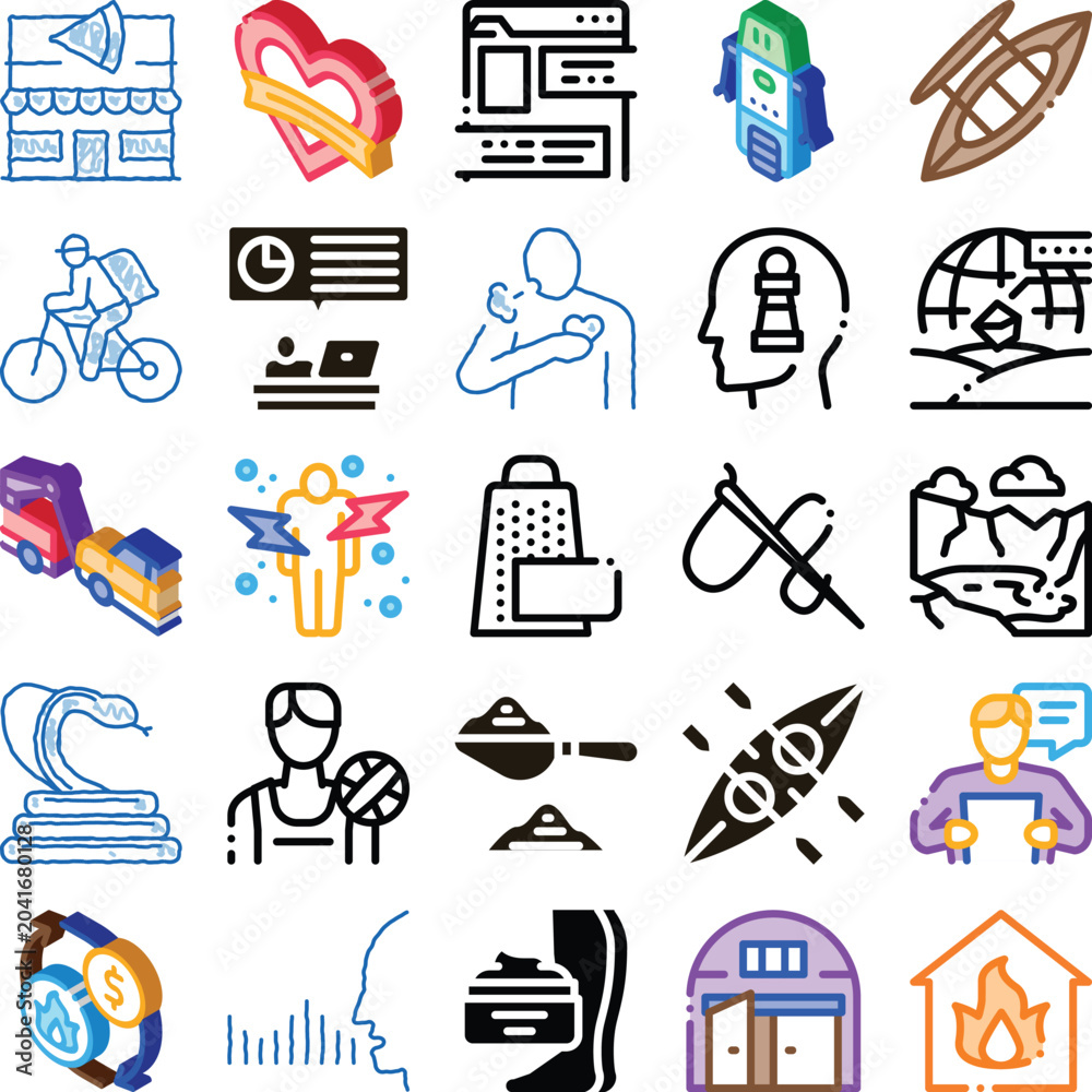Fototapeta premium Collection featuring various professional, medical, sports and lifestyle concepts including business, technology, finance, health, environment, food, and transport symbols