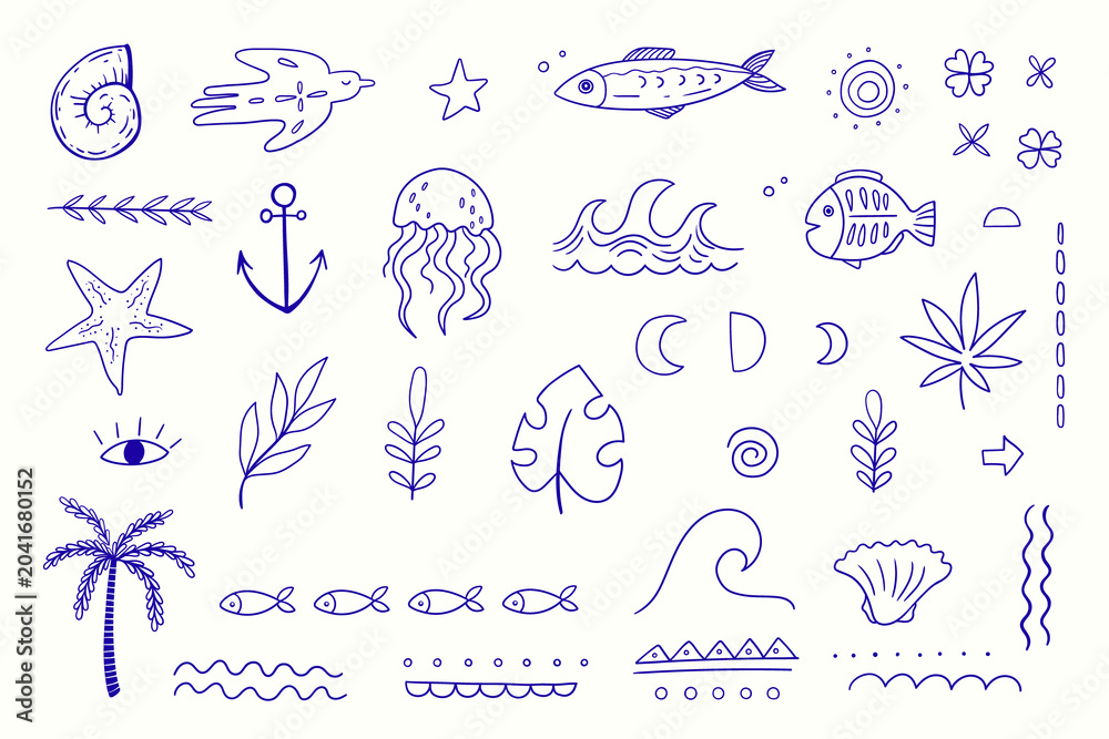 Obraz premium Set of Blue Doodles: Hand-Drawn Nautical and Boho Symbols