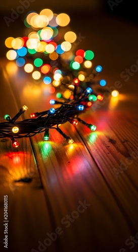 Colorful Christmas String Lights Glowing on Wooden Table Indoors