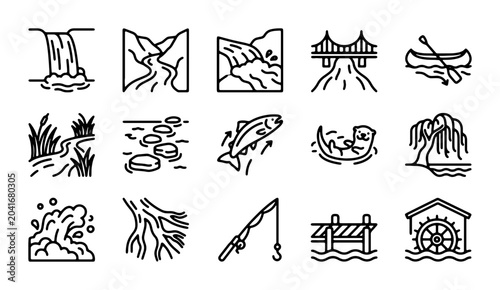 Bild auf Leinwand Nature Water Icons Set: River, Waterfall, Fish, Bridge, Kayak, Otter, Willow Tre