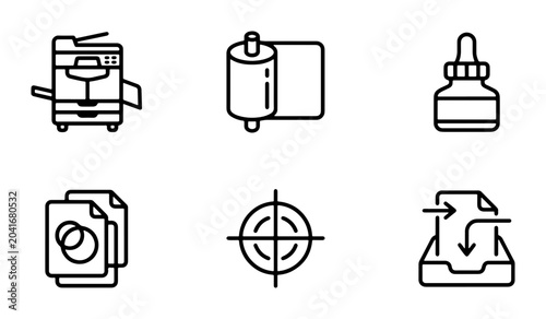 Bilde på lerret Printing Press Icons, Offset Lithography Symbols, Copy Machine, Ink Bottle, Targ