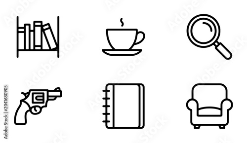 Schilderij op canvas Mystery Icons: Bookshelf, Coffee, Magnifying Glass, Revolver, Notebook, Armchair