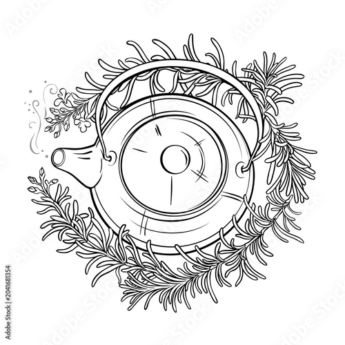 Rosemary Tea in Teapot aroma beverage Outline Illustration. Vector isolated for Design and Decoration for Cafeteria, Posters, Banners, Cards.
