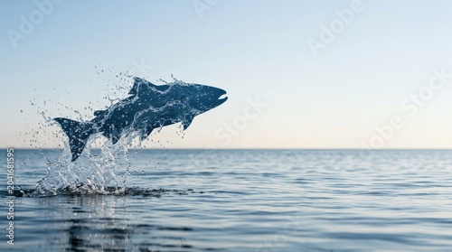 Fish silhouette leaping from surface of ocean. Water splash creating dynamic effect. Conservation concept for World Oceans Day. Marine life protection and environmental awareness campaign.