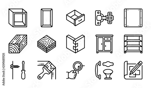 Tableau sur toile Furniture Hardware Icons Set, Woodworking Tools, Cabinetry Elements, DIY Project