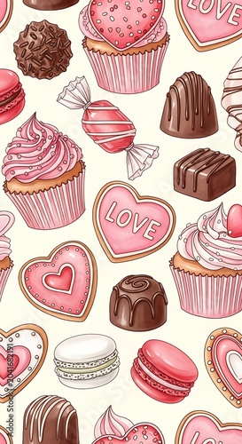 Pink Valentine Desserts Arranged in Sweet Seamless Pattern