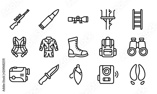 Schilderij op canvas Hunting Icons Set, Outdoor Gear Vector Graphics, Sport Equipment Collection, Wil