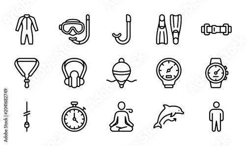 Obraz na płótnie Scuba Diving Icons Set, Underwater Adventure Equipment, Marine Life Symbols, Vec