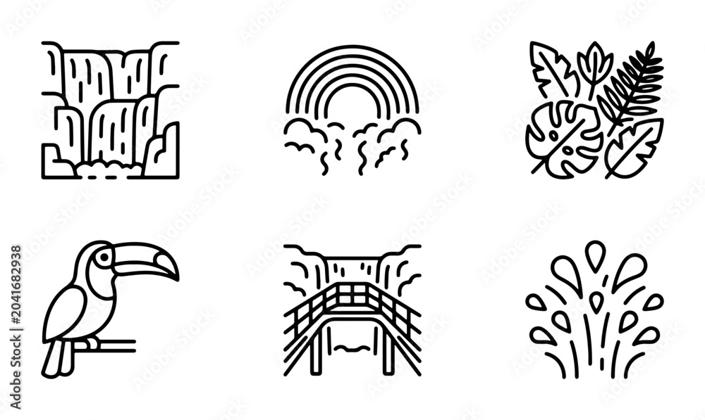 Fototapeta premium Tropical Nature Icons: Waterfall, Rainbow, Toucan, Jungle Leaves, Bridge, Fountain