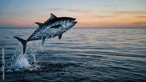 Tuna fish jumping out of the ocean water at sunset. Wild marine life in the sea. Dynamics of movement and action. Global World Oceans Day celebration, nature conservation and ecology concept.