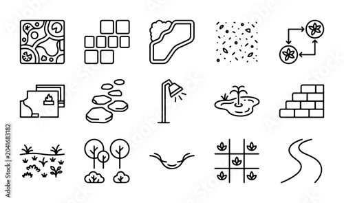 Foto Garden Elements Vector Icons: Landscaping, Paths, Water Features, Plants, and St
