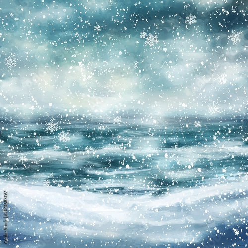 Snowy winter landscape: abundant snowflakes drift over deep blue ocean waves and a white, icy foreground Chilly sea art
