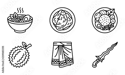 Quadro su tela Asian Food Icons, Durian Fruit, Sarong, Kris Dagger, Vector Set for Culinary and
