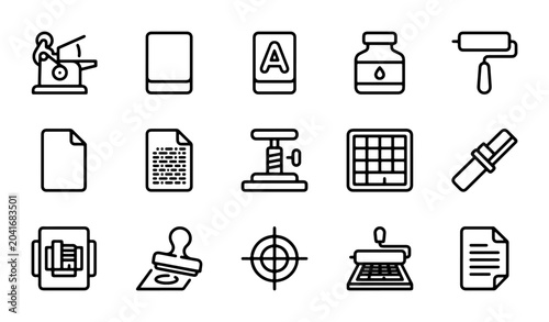 Bilde på lerret Printing Press Icons, Ink, Stamp, Roller, Keyboard, Paper, Typography Elements