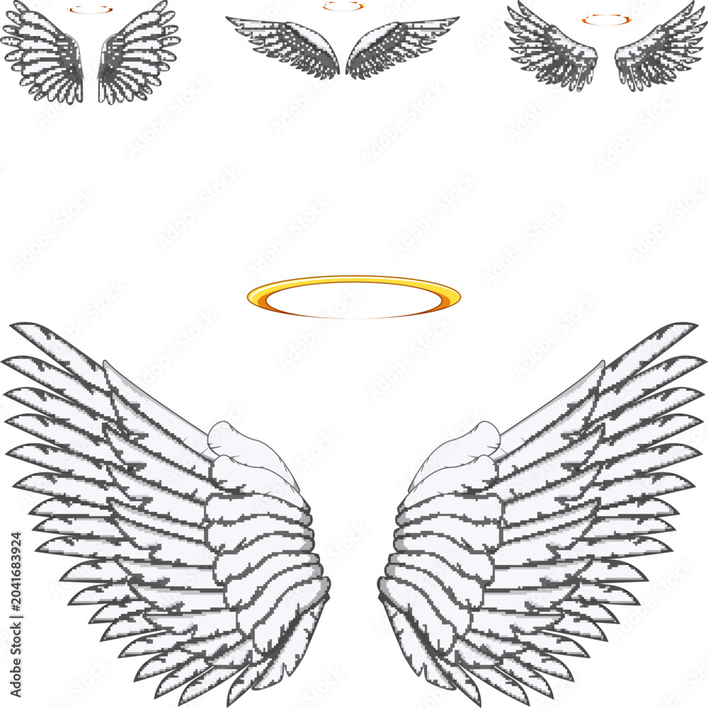 Obraz premium Angel wings and golden halos are illustrating heavenly concepts, spirituality, freedom, and divine protection, offering symbols of peace, ascent, and purity on a white background