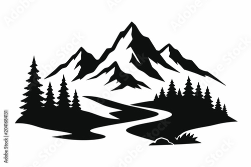 Mountain landscape silhouette, scenic vector illustration, black mountain range, forest and river