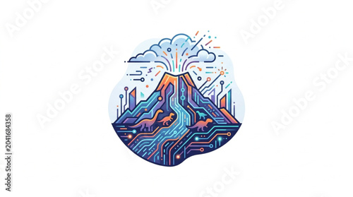 Bild auf Leinwand Volcano erupting with digital circuit board elements and dinosaurs