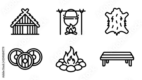 Photos Ancient Viking Icons Set, Primitive Dwelling, Campfire Cooking, Animal Hide, Shi