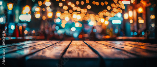 Textured wooden surface in foreground with a warm, cool bokeh blur of city lights in the vibrant background, creating a festive night scene