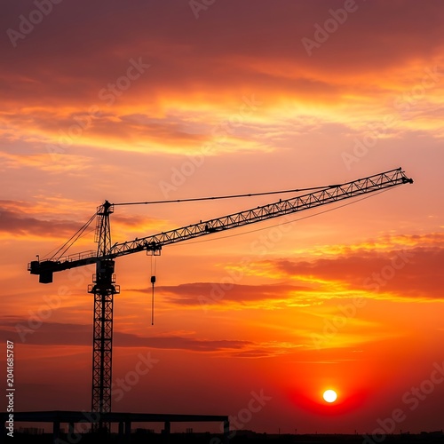Tall Construction Crane Silhouetted Against Vibrant Orange Sunset Sky