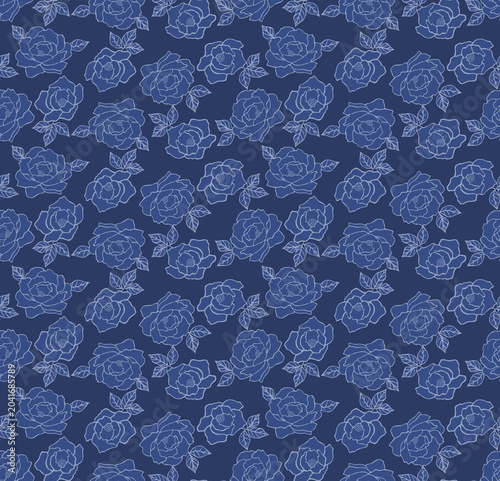 Japanese Romantic Rose Line Vector Seamless Pattern
