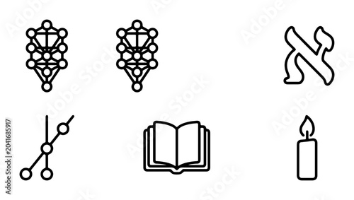 Quadro su tela Kabbalah Tree of Life Icons, Hebrew Letter Aleph, Open Book, Candle, Vector Symb