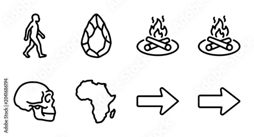 Schilderij op canvas Human Evolution Icons, Primitive Life Symbols, African Origin Map, Progress Arro