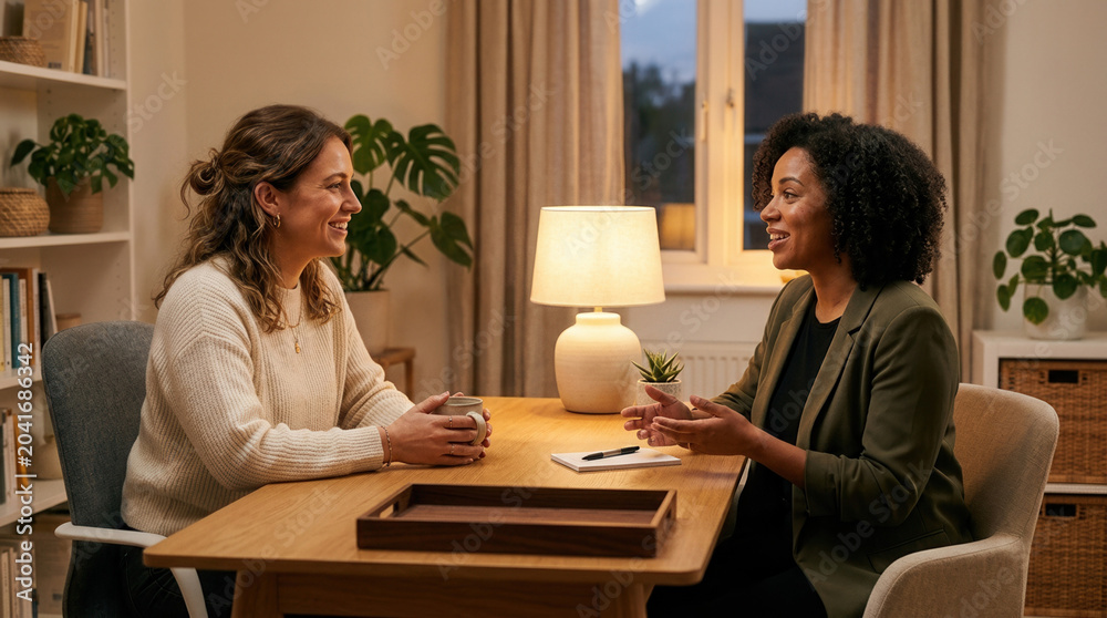 Obraz premium Two Women Smiling And Talking During A Session In A Comfortable Environment