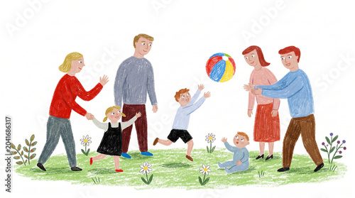 Hand Drawn Illustration of a Big Family Playing with a Ball Outdoor