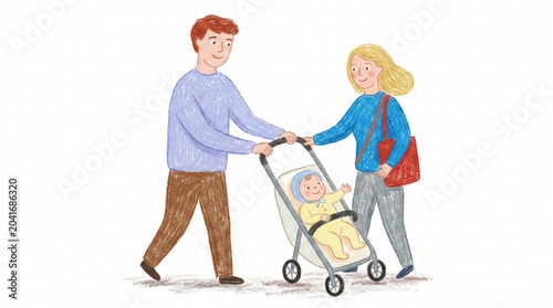 Hand Drawn Illustration of Parents Pushing a Baby Stroller on a Walk