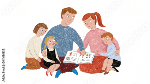 Hand Drawn Illustration of Parents Reading a Storybook to Their Children