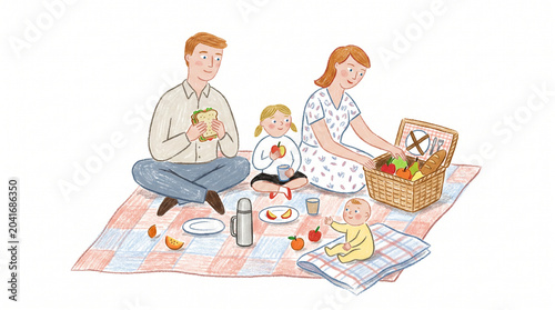Hand Drawn Illustration of a Happy Family Enjoying a Summer Picnic