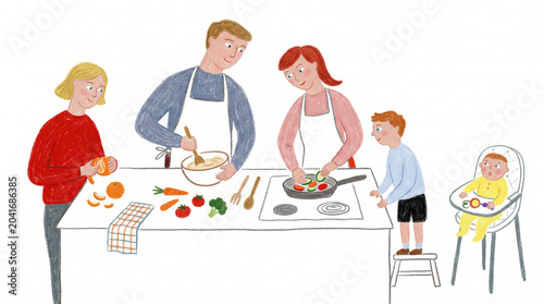 Hand Drawn Illustration of a Family Cooking and Preparing Food in the Kitchen