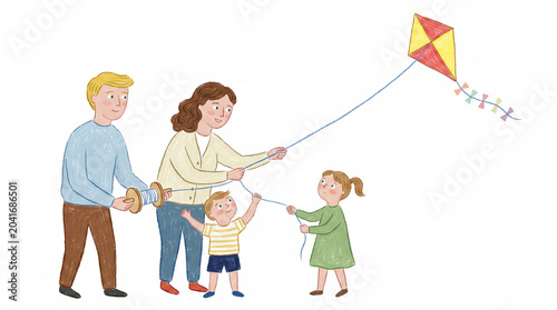 Hand Drawn Illustration of Parents and Child Flying a Kite in the Park